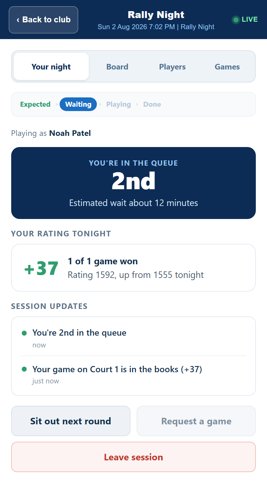 A player following their night live on their phone - queue position, rating change tonight and a feed of their games